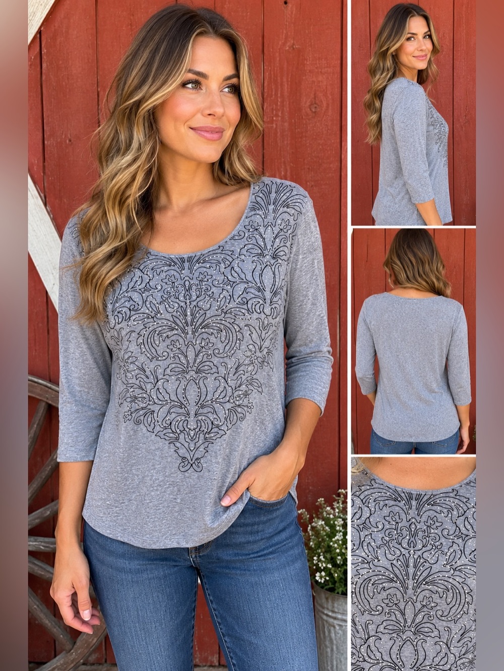 Karen Scott Gray Rhinestone Embellished 3/4 Sleeve Scoop Neck Top